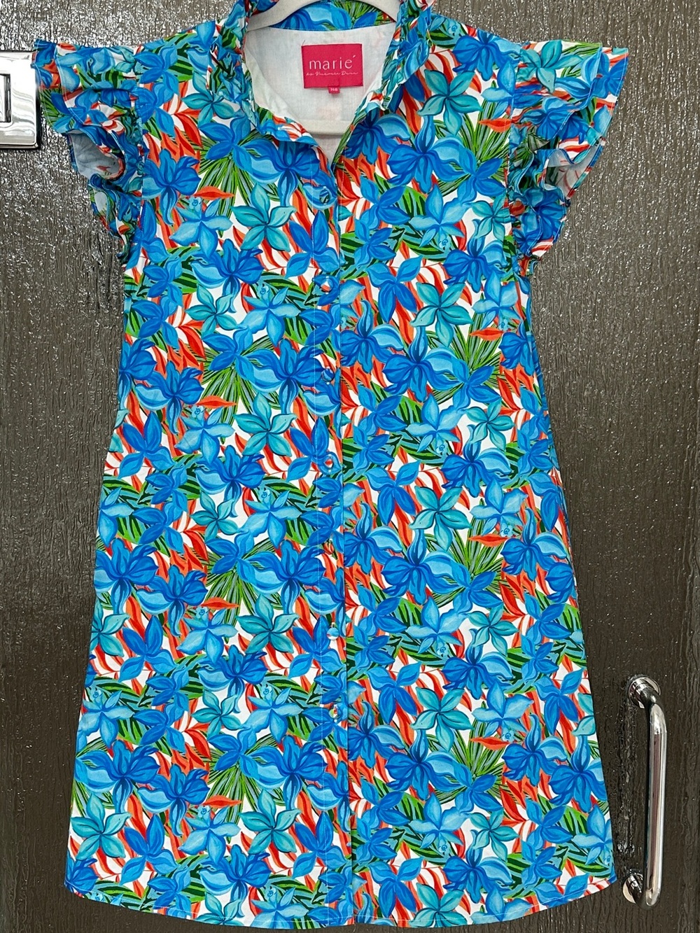 Marie by Victoria Dunn Blue Floral Ruffle Sleeve Button Front Shift Dress XS